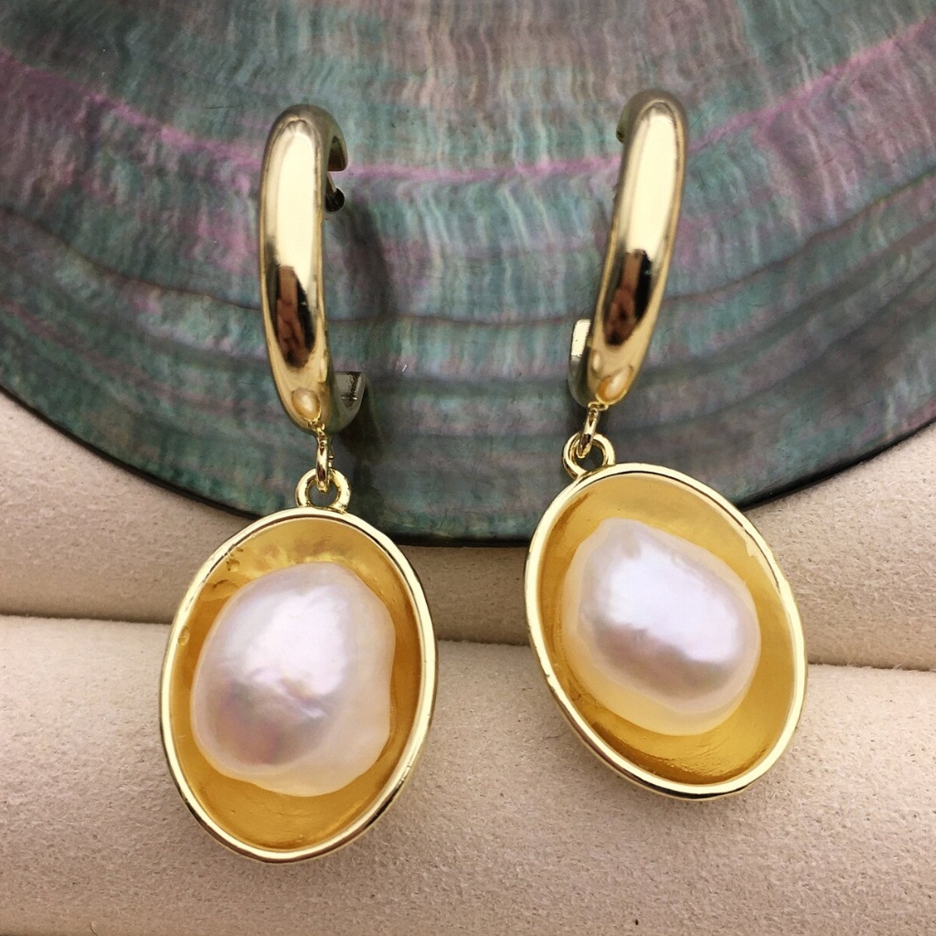 Cultured White Baroque Real Pearls - 14k Yellow Gold Plated Hoop Earrings 55$